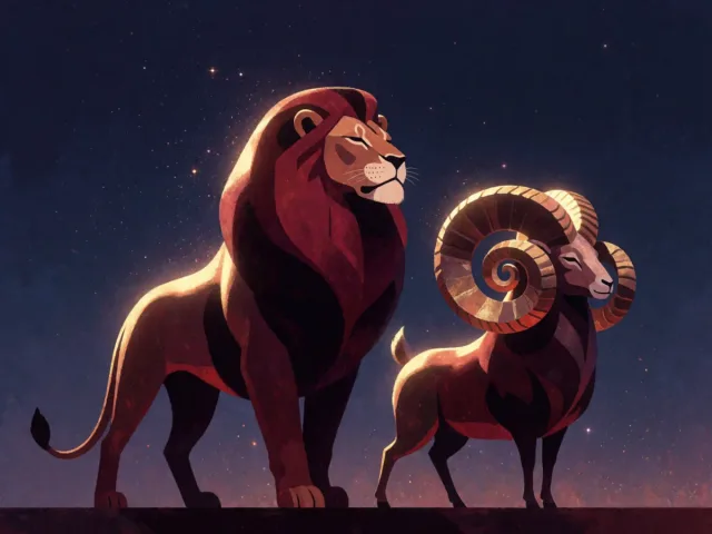 Un lion et un bélier stylisés côte à côte dans une lumière dorée, deux fiertés alliées sous les étoiles