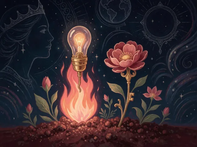 Une flamme vive et une fleur de printemps épanouie côte à côte sur une terre riche, le feu et la terre en dialogue
