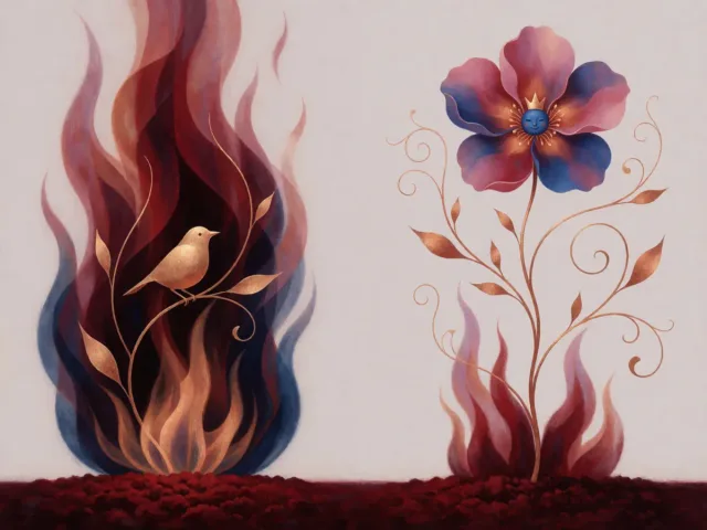 Une flamme vive et une fleur de printemps épanouie côte à côte sur une terre riche, le feu et la terre en dialogue
